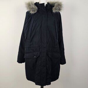 A New Day Womens Coat Black Parka Hood Pockets Fur Trim Size XXL